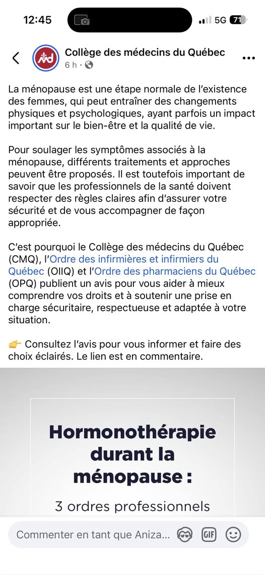 En effet, bien d&rsquo;accord avec mon médecin québécoise préférée, Dre Èvelyne Bourdua-Roy, c&rsquo;est choquant de voir le collège des pharmaciens, je veux dire, Collège des médecins du Québec qui encouragent les médicaments qui ne corrigent rien et veulent diminuer les hormones identiques qui elles améliorent la santé des femmes en ménopause. Ils chialent d&rsquo;une main qu&rsquo;ils sont trop occupés et braillent de l&rsquo;autre pour qu&rsquo;on les garde occupés ?