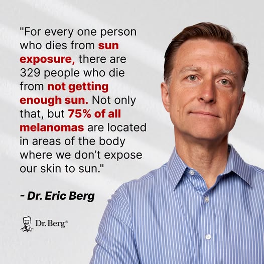Ici Dr. Eric Berg, explique que pour chaque personne (aux États-Unis) qui meurt à cause de l&rsquo;exposition au soleil, 329 vont mourir par manque de soleil. Pas seulement ça, mais aussi que 75% des cancers de la peau se retrouvent à des endroits du corps qu&rsquo;on expose rarement au soleil. 🤯