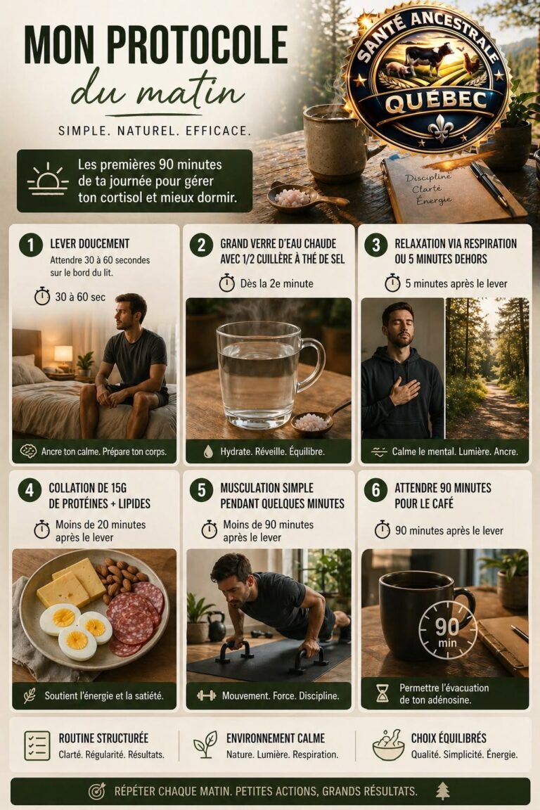 Depuis que je suis ce protocole du matin, je dors des nuits complètes pour la première fois depuis des années. Longtemps je pensais que c&rsquo;était ma consommation d&rsquo;eau en soirée, mais non, c&rsquo;était ma mauvaise gestion du cortisol.