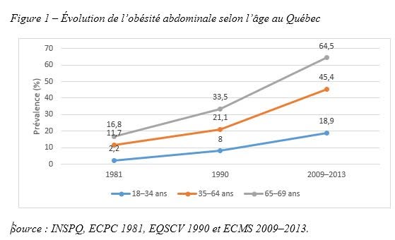Dans un travail de recherche que je termine pour l’un de mes derniers cours de baccalauréat ès sciences à l’Université TÉLUQ, voici quelques chiffres qui vont faire peur. Au Québec, entre 1981 et 2013, le pourcentage d&rsquo;obésité abdominale des différents groupes d&rsquo;âge a plus que triplé! En même pas 4 décennies!